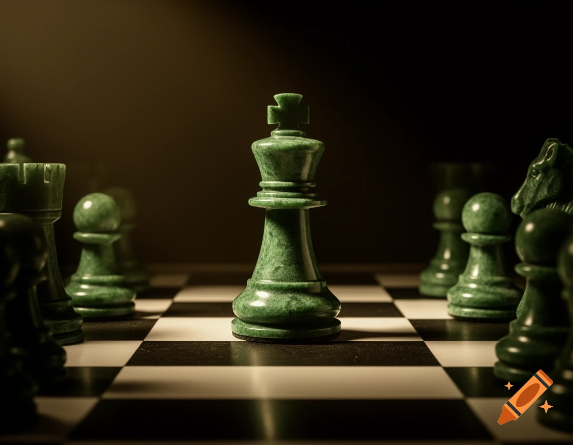 A close-up, dramatic shot of a green marble chess king on a black and white chessboard, surrounded by other green pieces.