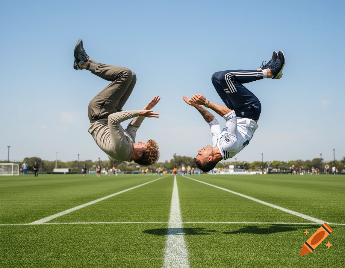 Two men performing backflips in unison above a green soccer field under a clear blue sky.