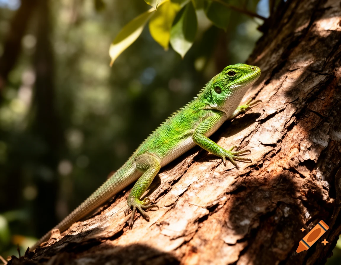 A vibrant green lizard with a light underbelly rests on rough brown tree bark in dappled sunlight.