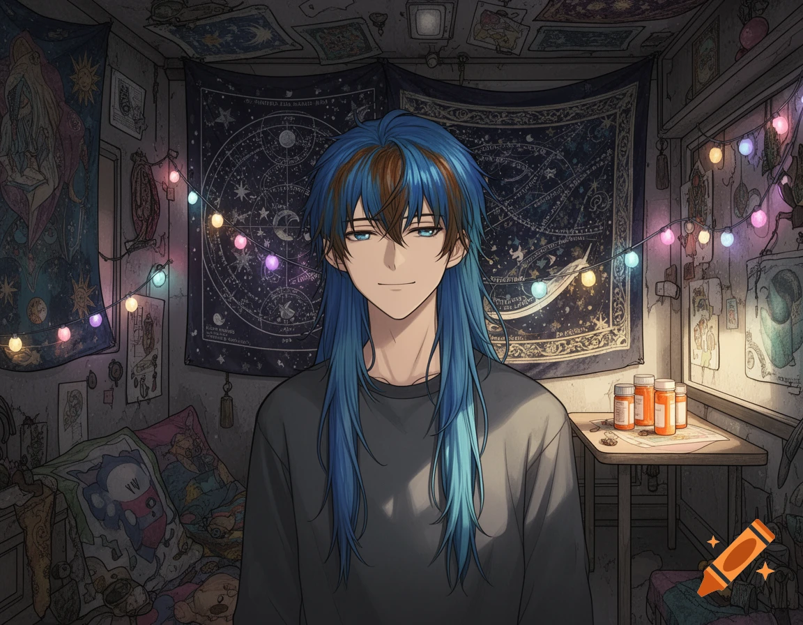 A semi-realistic anime illustration of a smiling man with long blue and brown hair in a room with celestial tapestries, string lights, and pill bottles.
