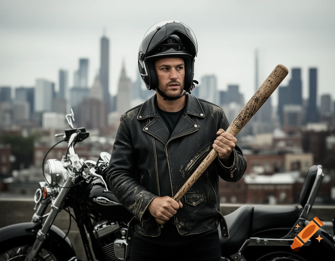 Photorealistic image of a man in a black leather jacket and helmet, holding a baseball bat, standing beside a motorcycle with a city skyline behind him.