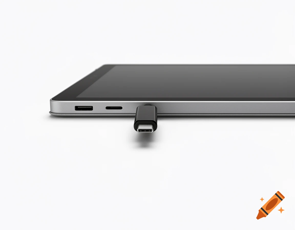 Close-up of a Microsoft Surface Pro tablet with a USB-C adapter plugged into its side, on a white background.