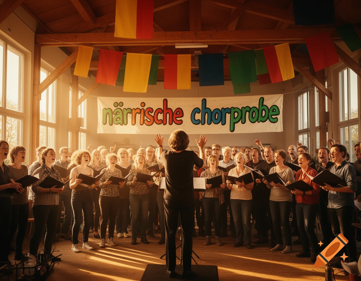 A photorealistic image of a choir and conductor rehearsing indoors under a banner reading "närrische chorprobe", bathed in sunlight.