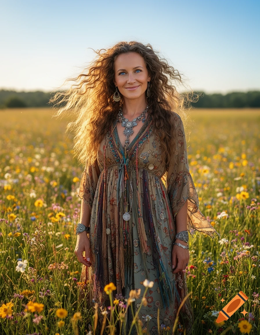 A smiling woman with long curly hair and blue eyes stands in a field of ...
