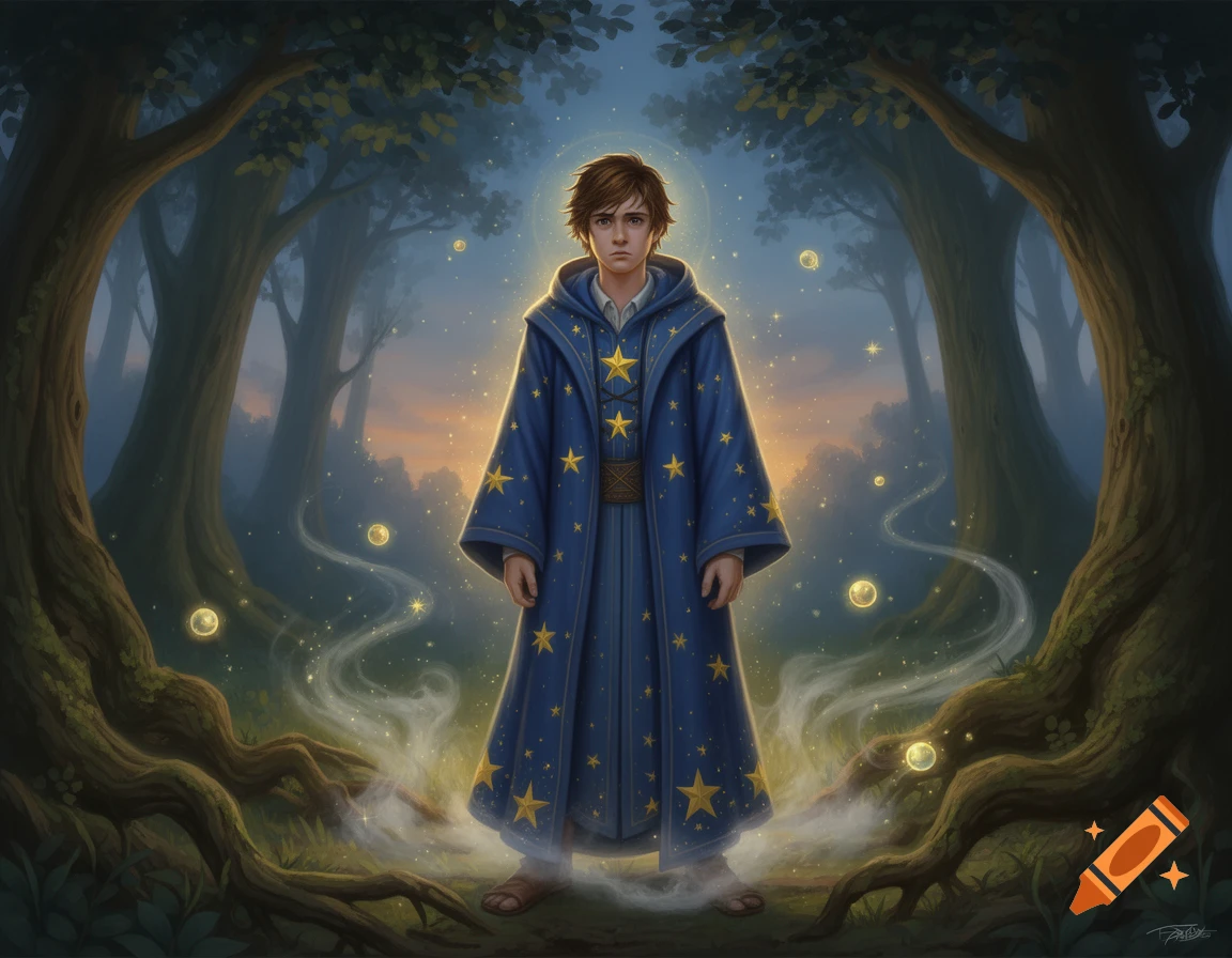 A young wizard in a blue robe with yellow stars stands in a magical forest at dusk, glowing orbs and mist around him, painted style.
