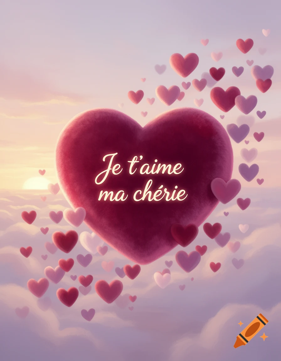 A large fluffy pink heart with 'Je t'aime ma chérie' written on it, surrounded by smaller hearts, floating in a cloudy, pastel sky at sunset.