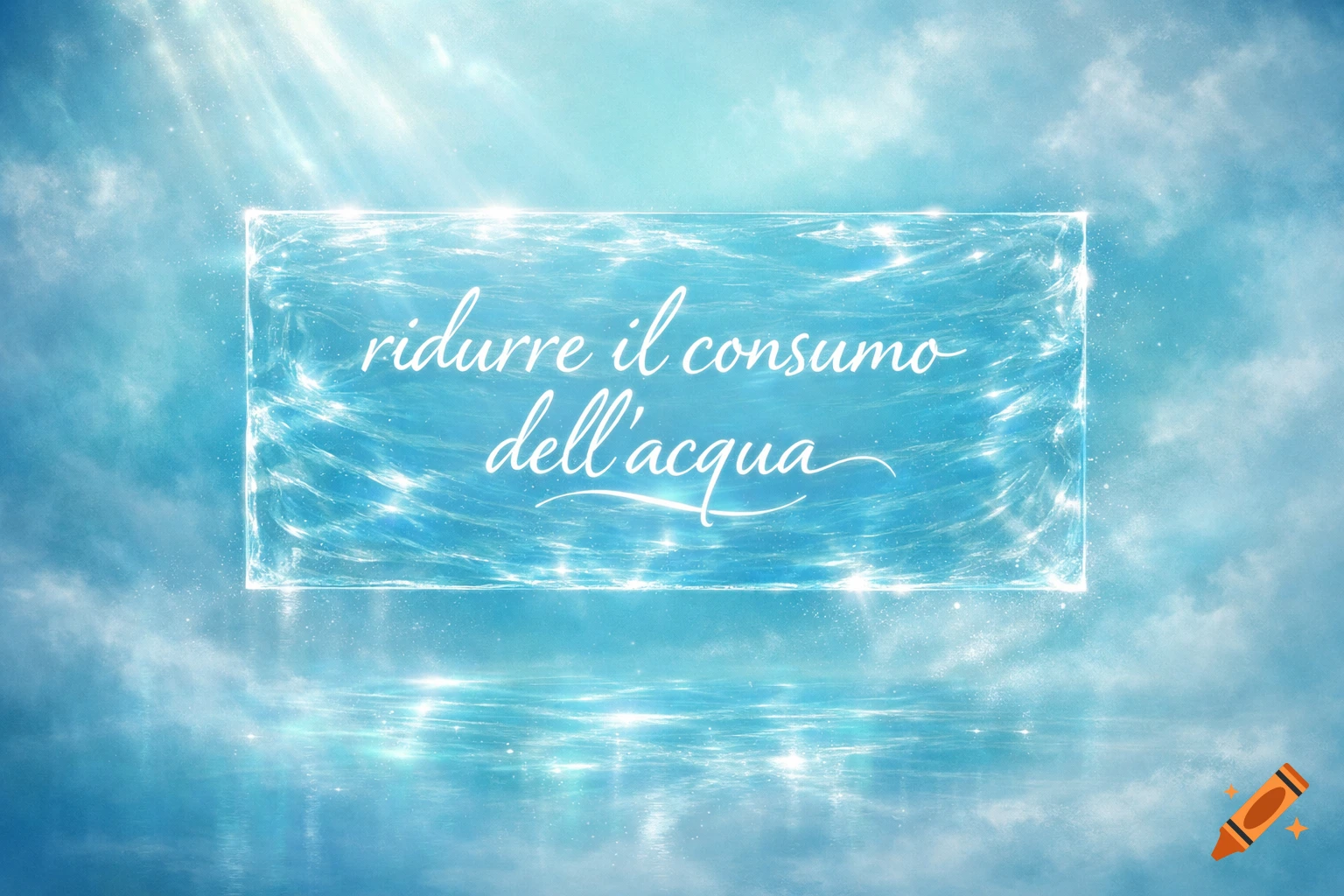 A glowing, ethereal rectangle with the Italian text "ridurre il consumo dell'acqua" floats above a sparkling blue water surface, beneath a light blue sky with sunrays.
