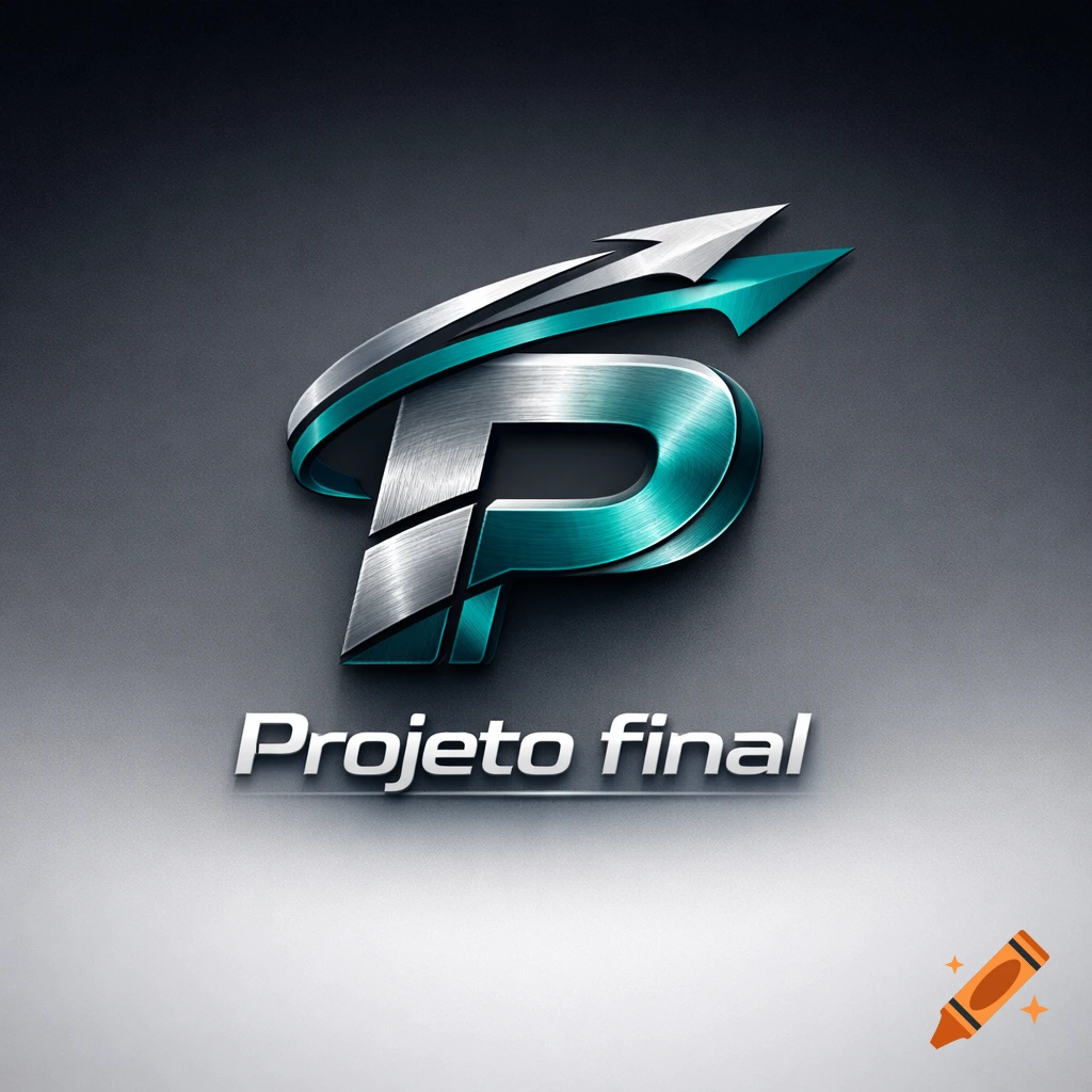A modern metallic logo with a stylized letter P in silver and teal, featuring an upward arrow, and the words 'Projeto final' below it on a dark gray background.