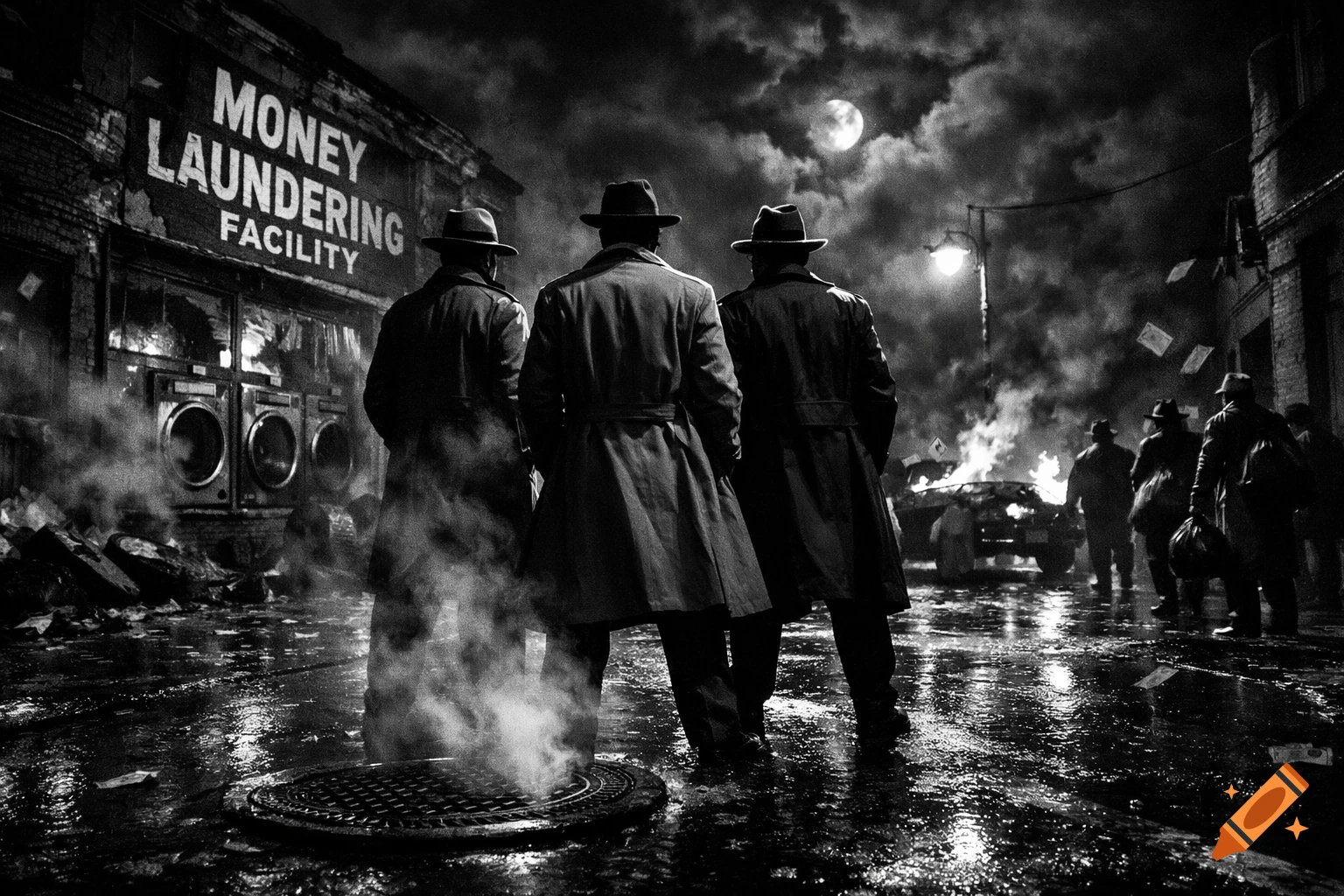 Three trench-coated gangsters walk down a dark, wet street past a "MONEY LAUNDERING FACILITY" sign and a burning car under a full moon, in a film noir style.