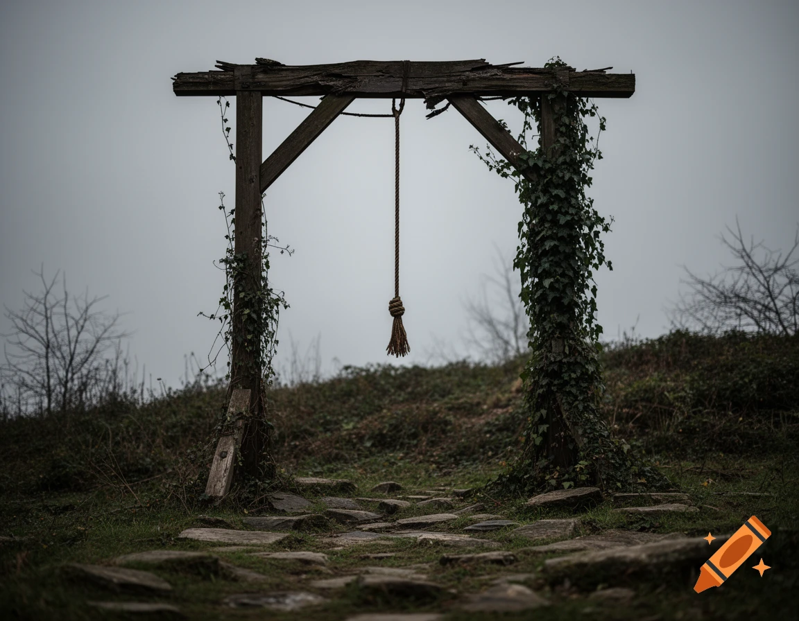 A rustic wooden gallows with a rope and noose stands on a grassy hill under an overcast sky. Photorealistic style.