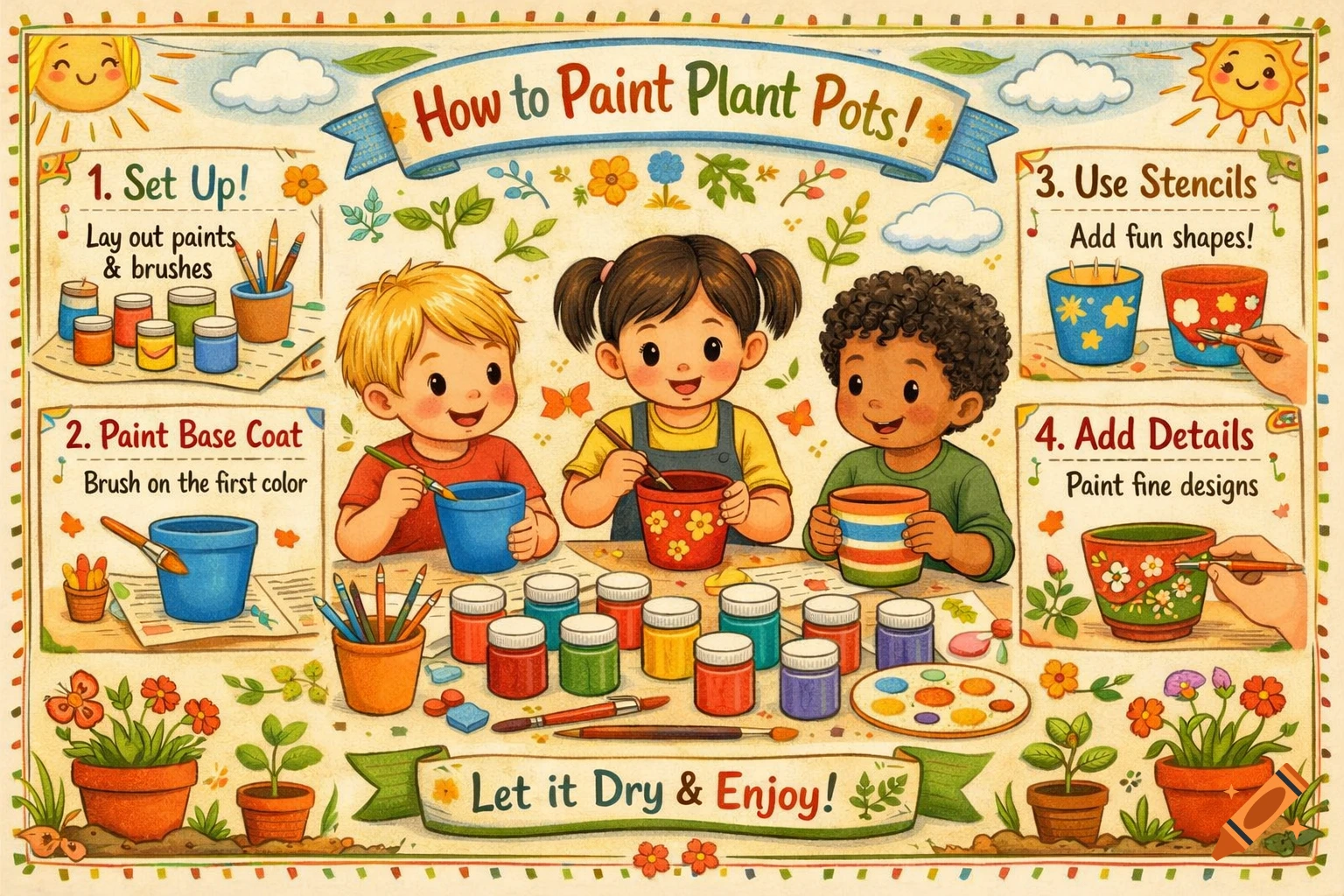 Whimsical children's illustration showing three kids painting plant pots, following a step-by-step visual guide.