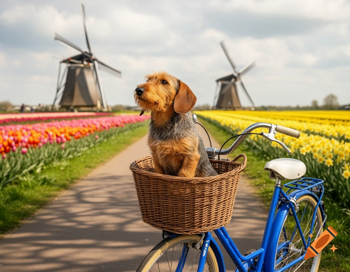 A wirehaired dachshund sits in a bicycle basket on a path flanked by vibrant tulip and daffodil fields, with windmills in the distance.