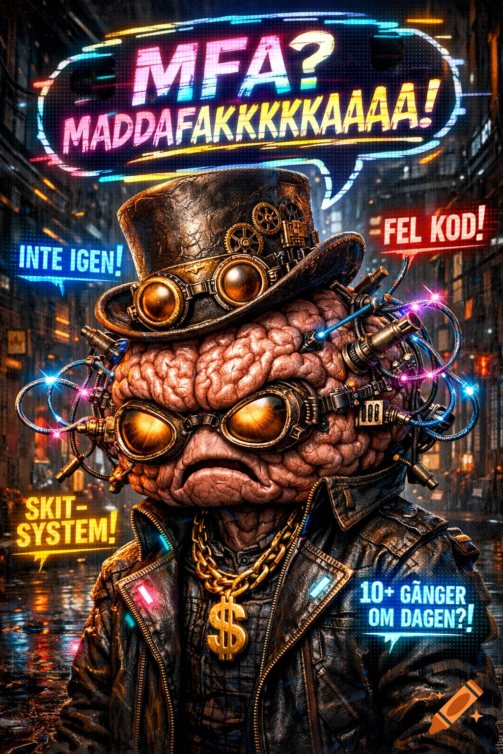 A cyberpunk anthropomorphic brain with steampunk goggles, a top hat, gold chain, and glowing wires, in a rain-soaked alley with neon text.