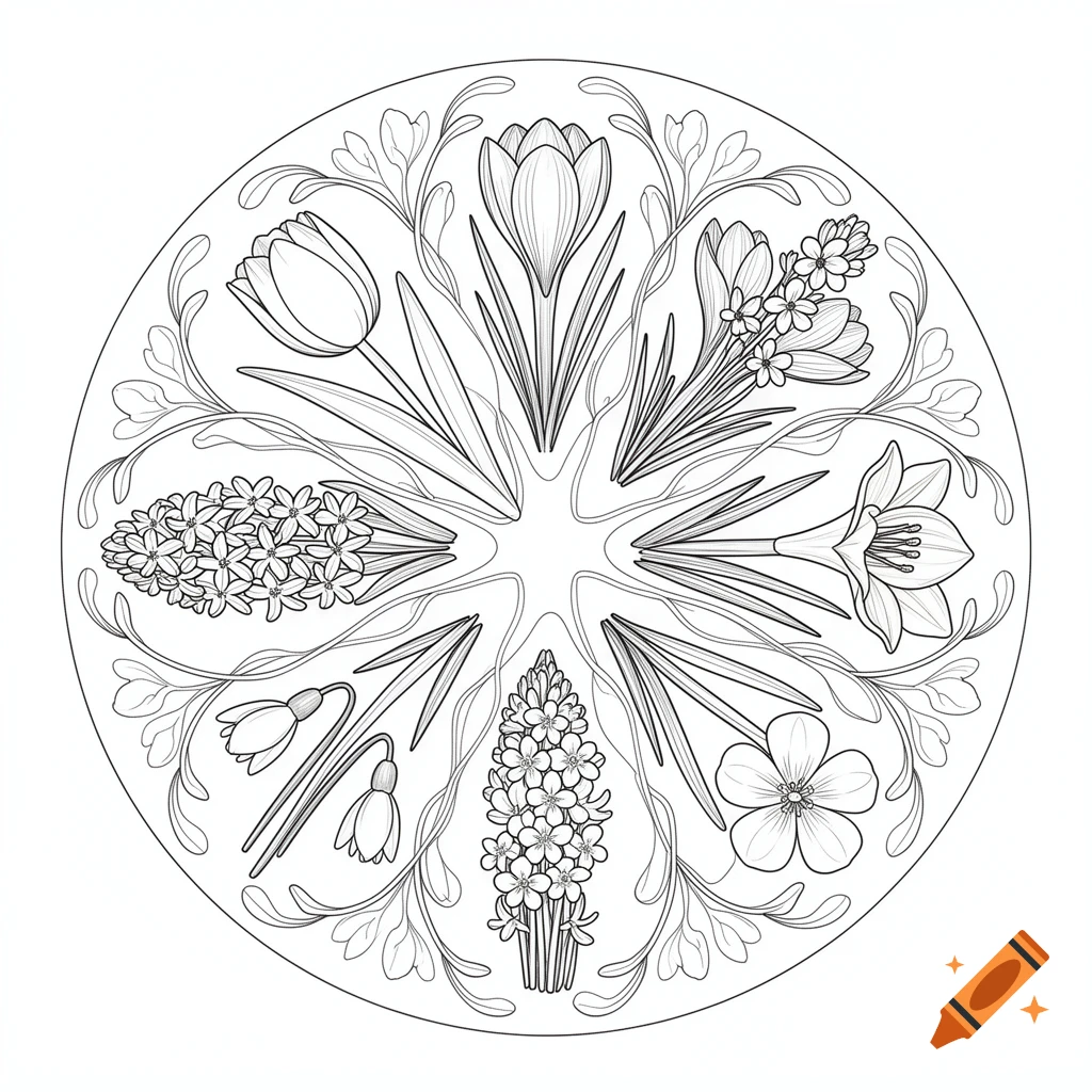 A detailed line art mandala for coloring, featuring various spring flowers arranged in a circular pattern.