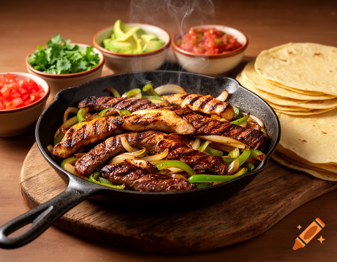 Photorealistic image of sizzling chicken or steak fajitas in a cast iron pan, with tortillas and fresh toppings.