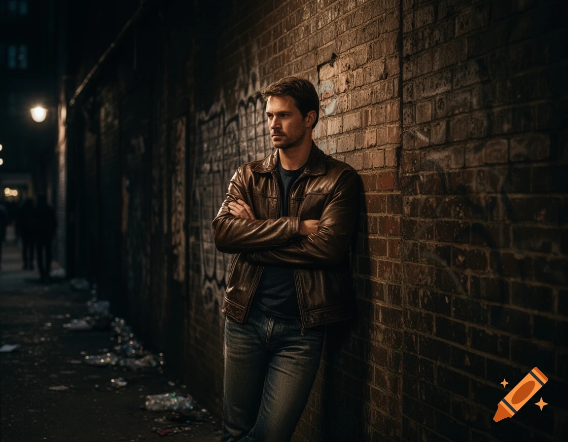 A man in a brown leather jacket and jeans leans against a brick wall in a dark, trash-strewn urban alley, arms crossed.