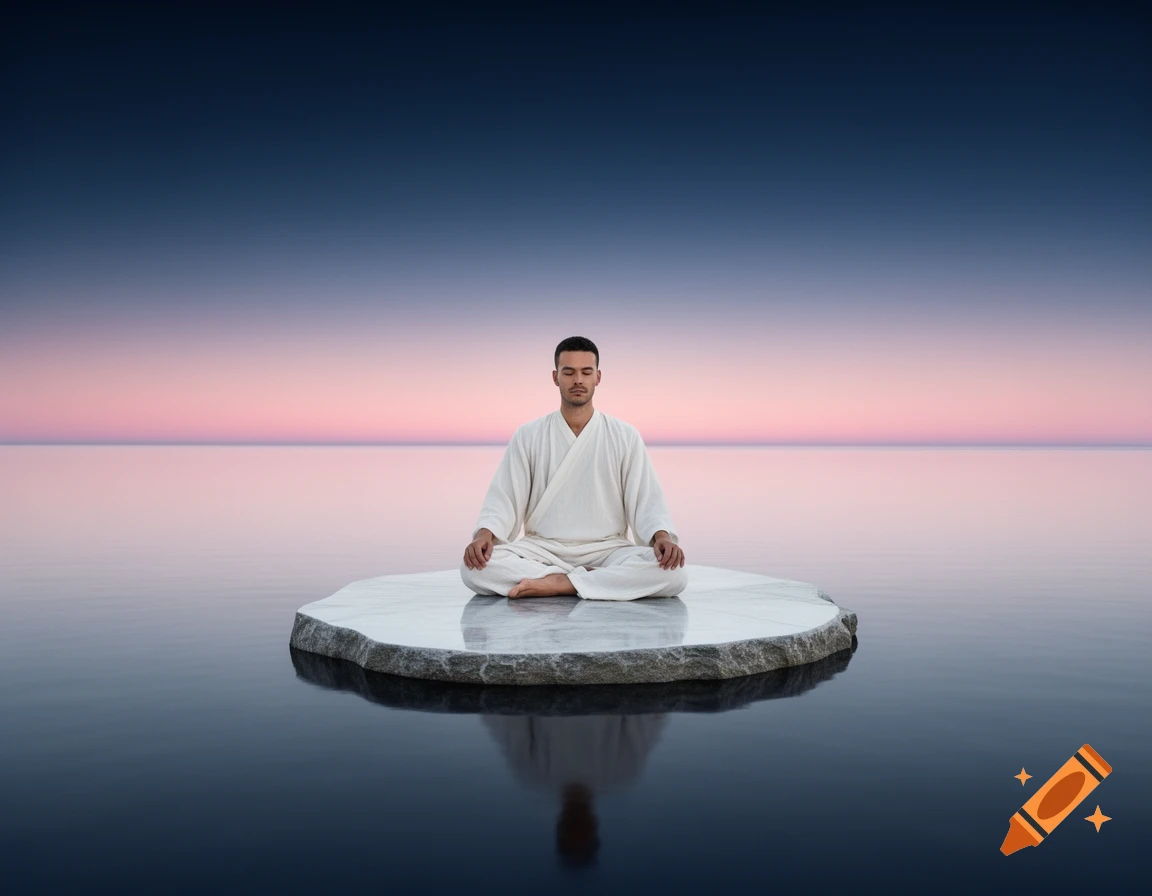 A man in a white robe meditates on a floating stone slab on calm water at sunset, with a serene gradient sky.