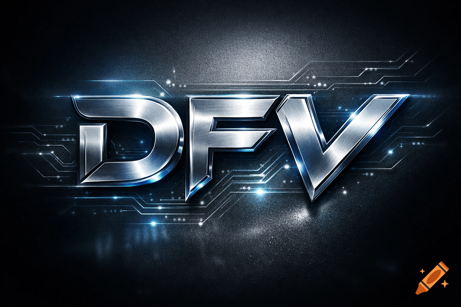 A metallic, shiny logo displaying the letters DFV in a bold, futuristic style, set against a dark background with blue glowing circuit board patterns.