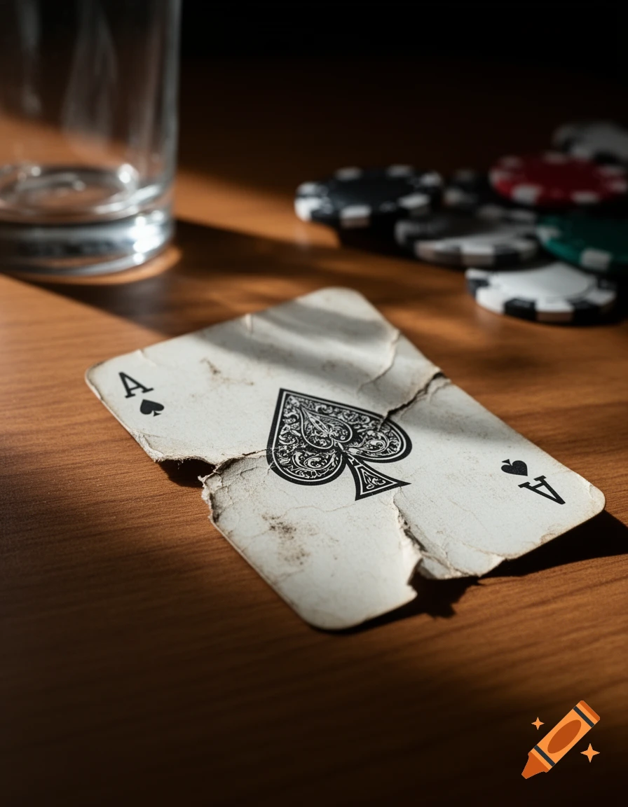 A close-up of a dirty, torn ace of spades playing card on a wooden table with poker chips and a glass blurred in the background, lit by a strong side light.