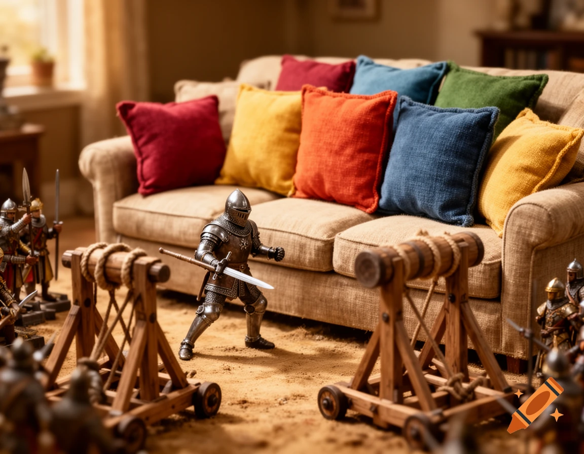 Photorealistic scene of miniature knights and catapults arranged on a sandy living room floor, facing a couch with colorful cushions.
