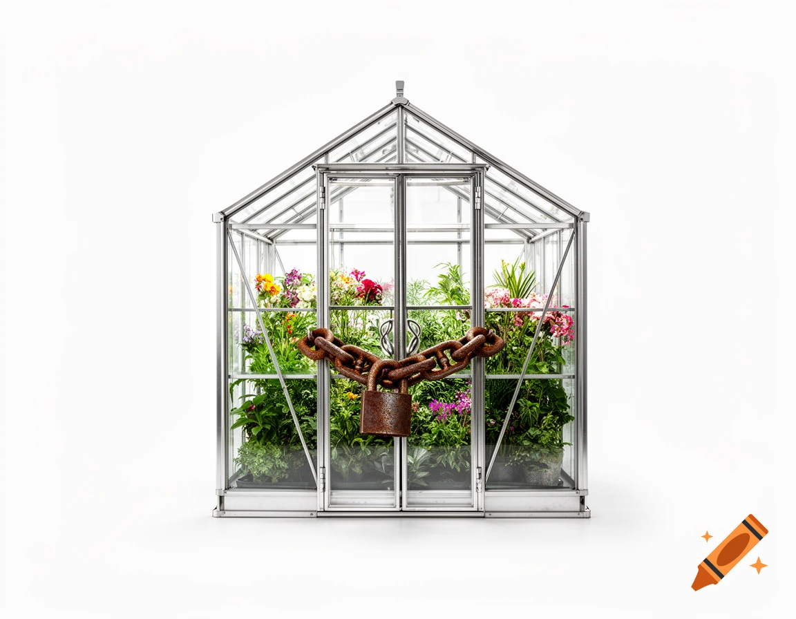 A glass greenhouse filled with colorful flowers is locked shut with a rusty chain and padlock, against a white background.