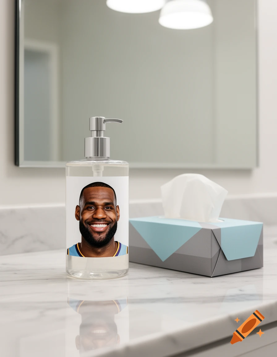 A bottle of soap with LeBron James's face on its label sits on a marble bathroom counter next to a tissue box.