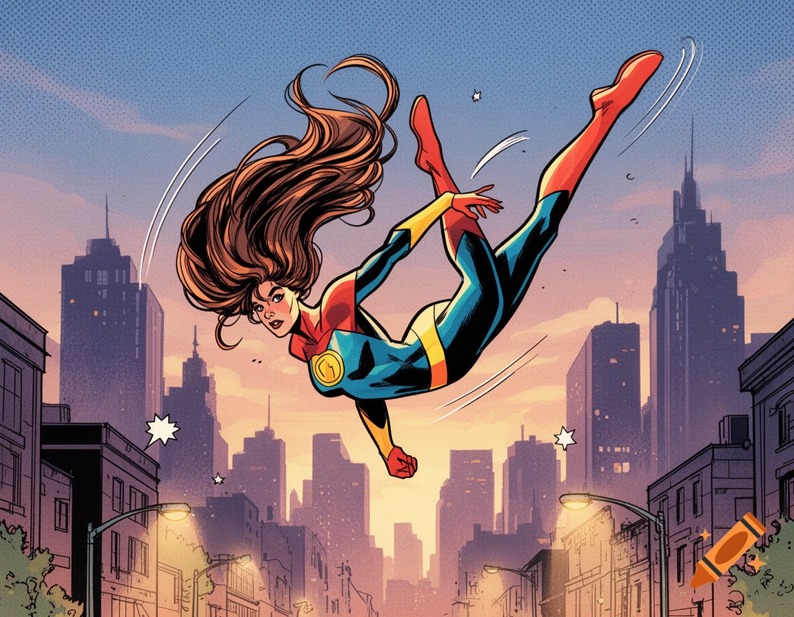 A superheroine with long brown hair in a blue, red, and yellow suit performs an acrobatic flip over a city skyline at sunset in comic book style.