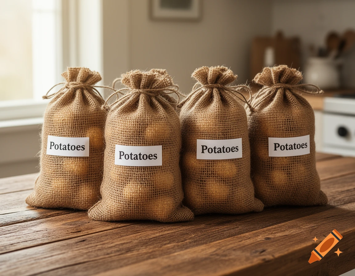Four burlap bags filled with potatoes, each labeled 'Potatoes', sit on a rustic wooden table.