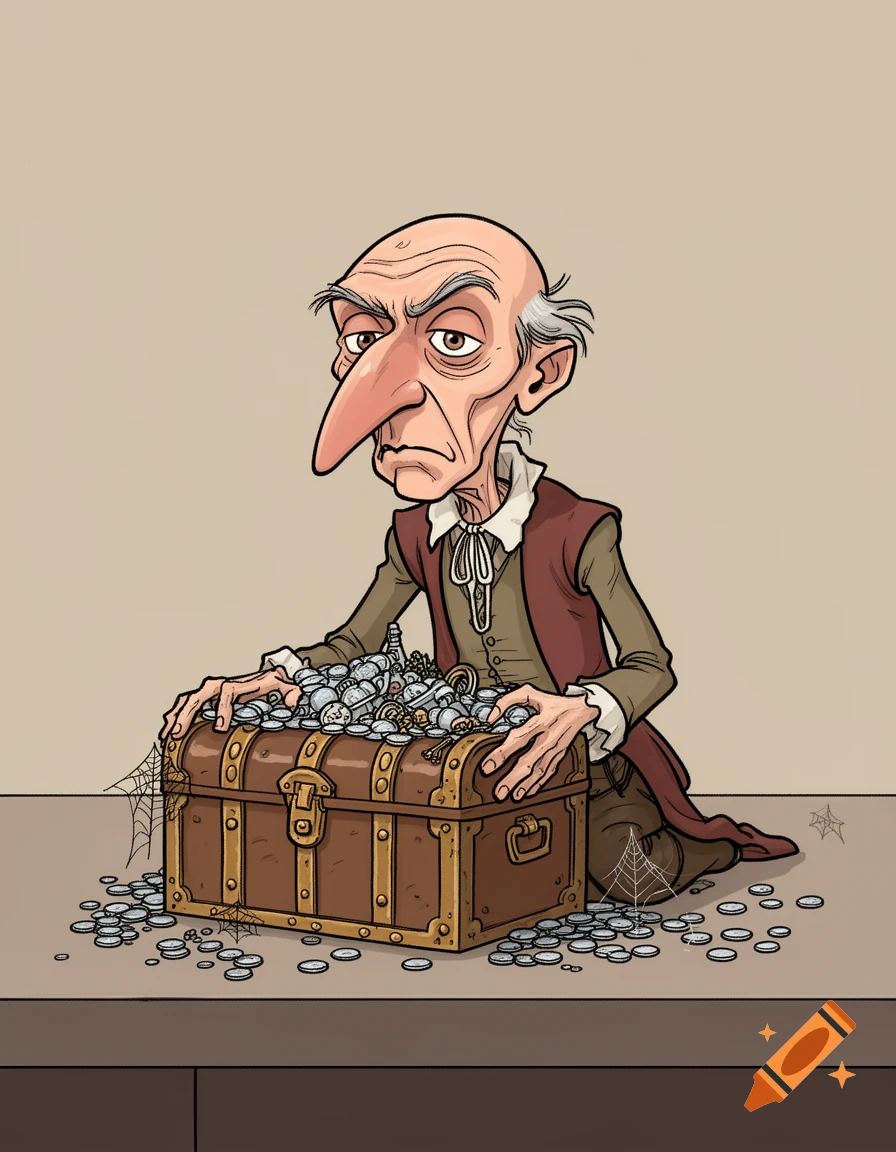Caricature of an old, bald, grumpy man with a long nose kneeling over an open treasure chest filled with coins and keys.