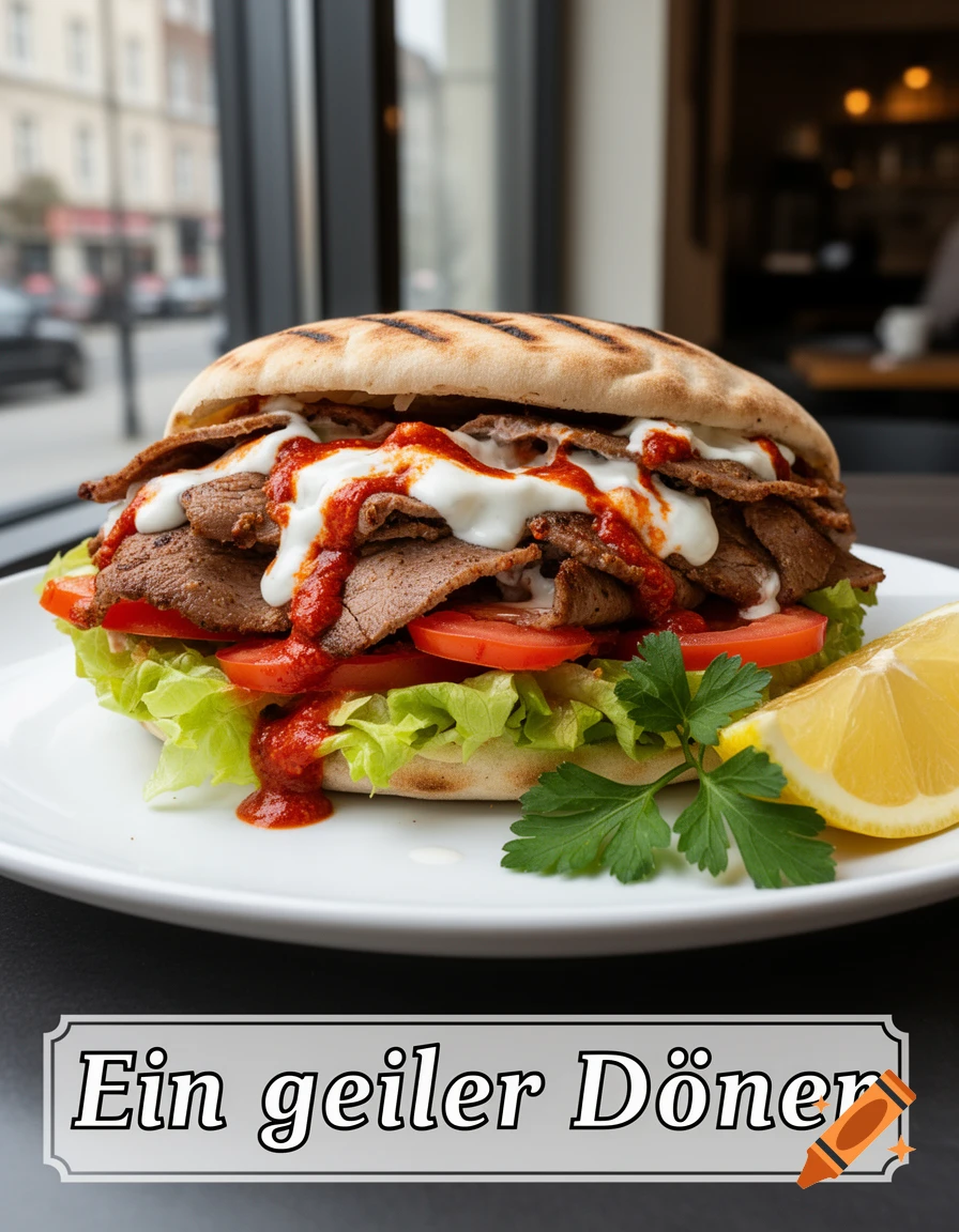 Close-up of a large döner kebab in flatbread, filled with meat, lettuce ...