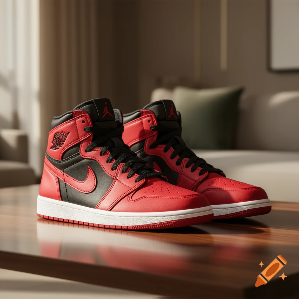 A pair of red, black, and white Air Jordan 1 sneakers with iconic logos, resting on a polished wooden surface in a well-lit room.