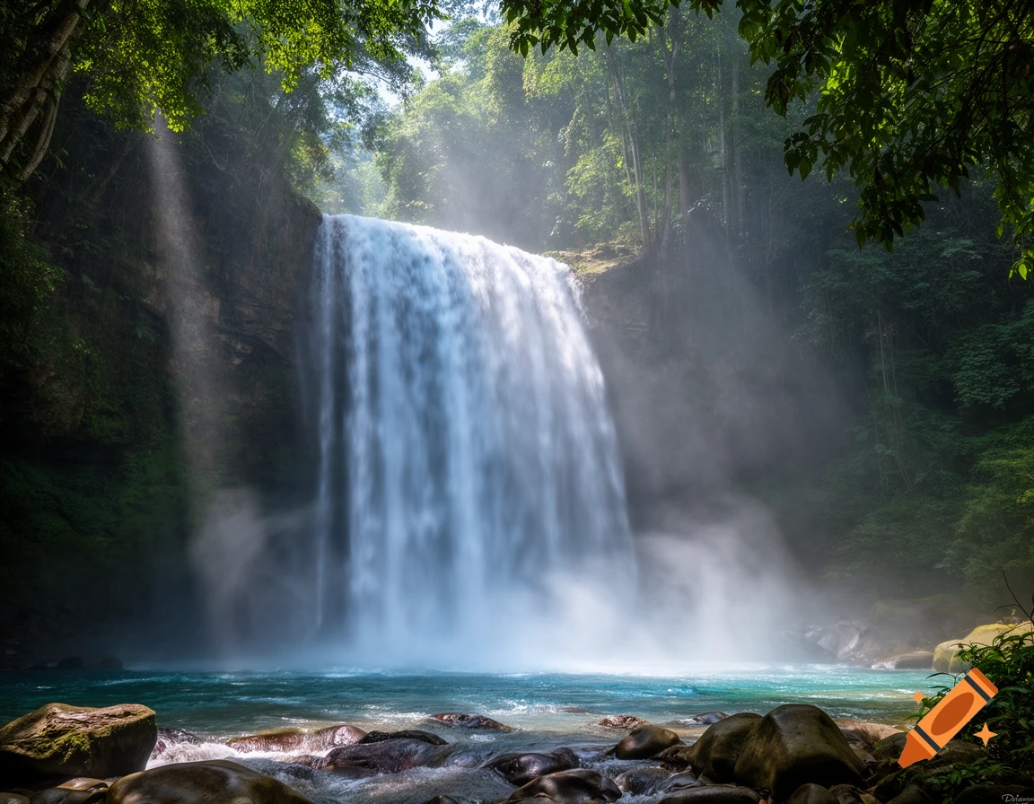 A majestic waterfall cascades into a blue-green pool surrounded by lush green forest and rocks, with sunbeams filtering through.