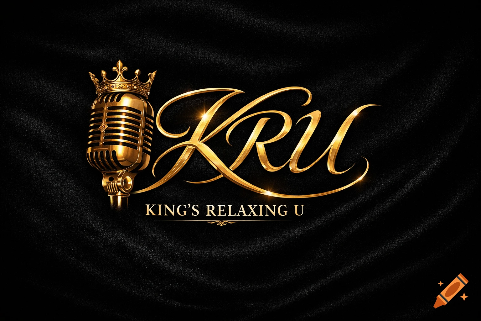 Gold logo with a crown-topped vintage microphone, text 'KRU' in script, and 'KING'S RELAXING U' on a black background.