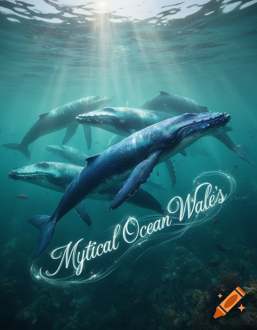 Several humpback whales swim gracefully underwater in clear blue water, with sun rays piercing from the surface. A coral reef is visible below them. Stylized text reads "Mytical Ocean Wale's" with a magical swirl.
