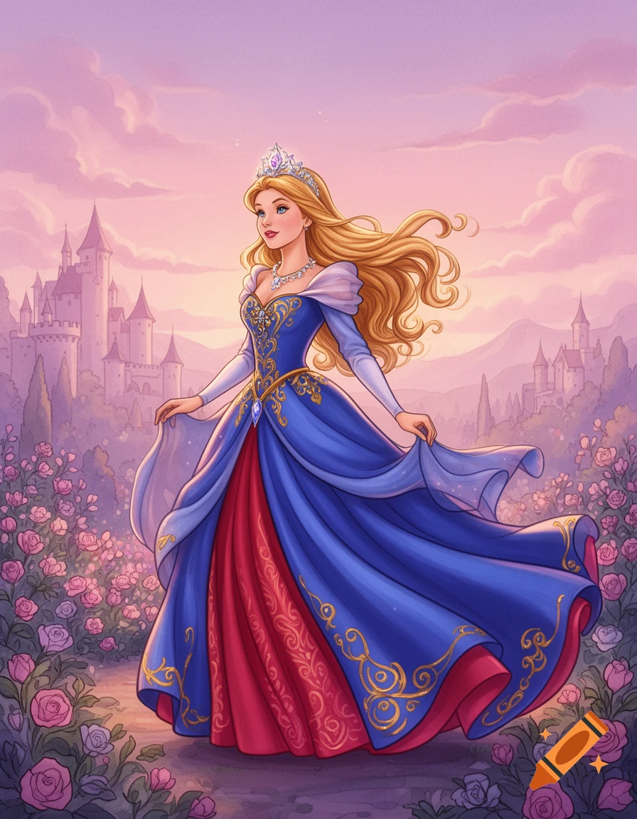 Cartoon princess with long blonde hair in a blue and red gown, standing in a rose garden with a castle under a pink sky.