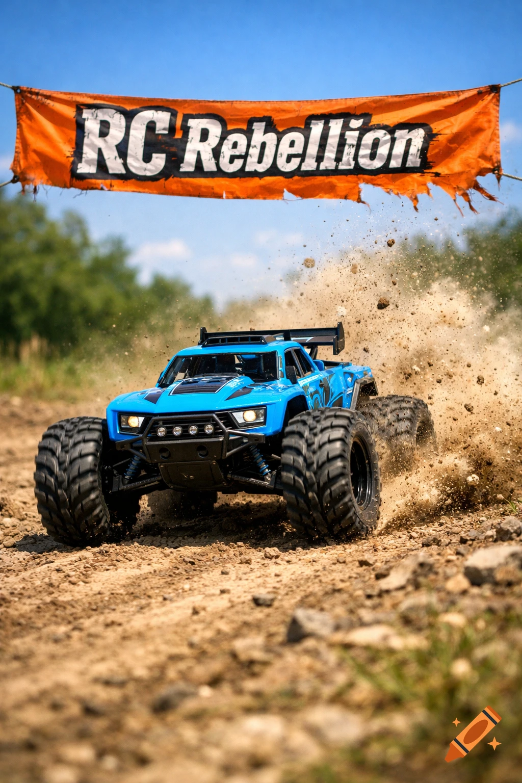 A blue RC monster truck kicks up dirt on a trail under an orange banner reading 'RC Rebellion' against a blue sky.
