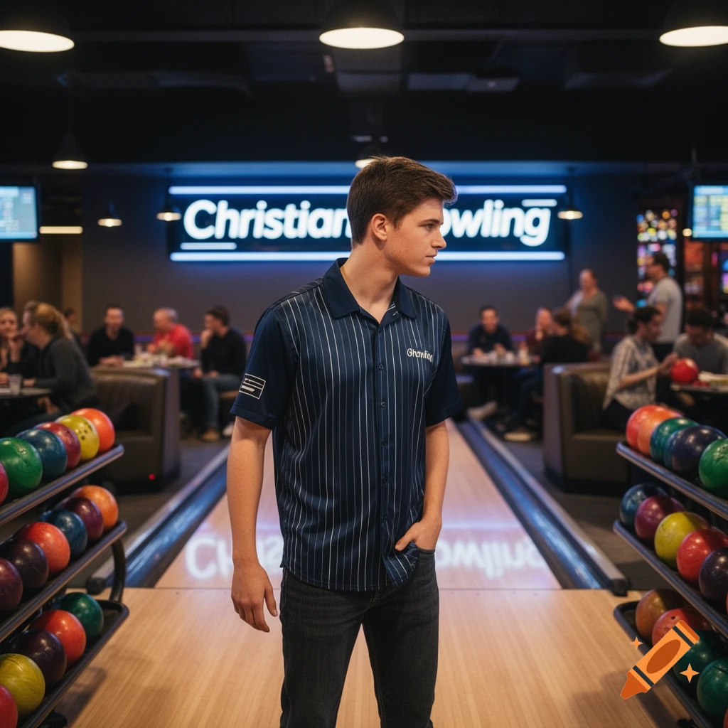 A young man in a blue striped bowling shirt and jeans stands on a bowling lane, looking to his right. A neon sign in the background reads "Christian Bowling" and bowling balls are on racks beside him. Photorealistic.