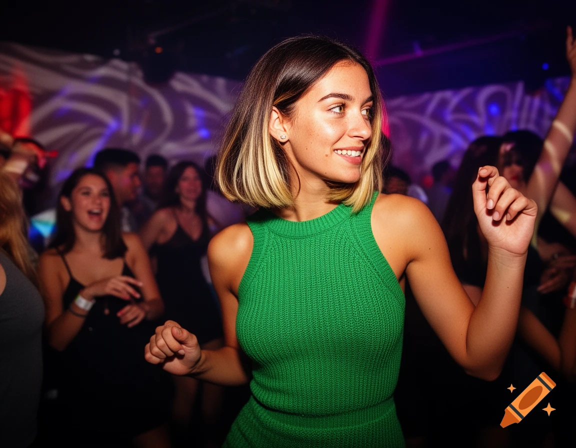A young woman in a green knitted dress smiles while dancing in a crowded club with colorful lighting.