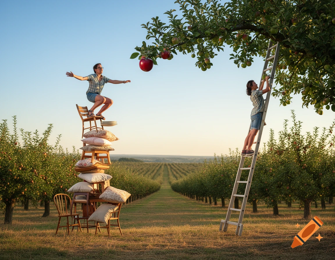 Two women in an apple orchard; one precariously balances on stacked chairs, the other uses a ladder, both reaching for apples.