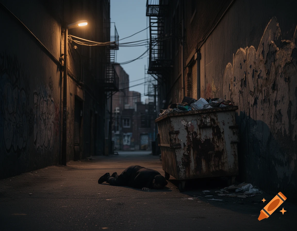 A person lies facedown beside a rusty dumpster in a dark, graffiti-covered urban alley at dusk, illuminated by a single street light.