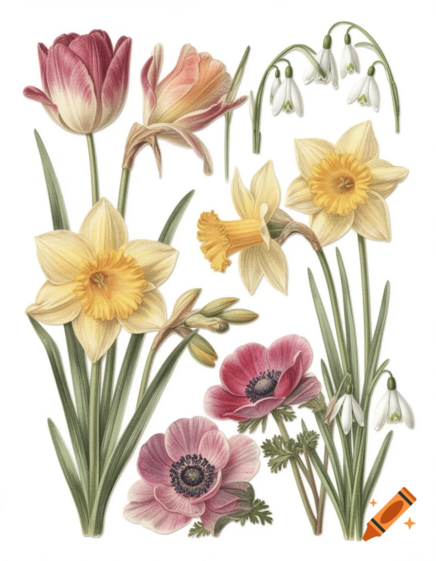Victorian style botanical illustration of tulips, daffodils, snowdrops, and anemones on a white background.