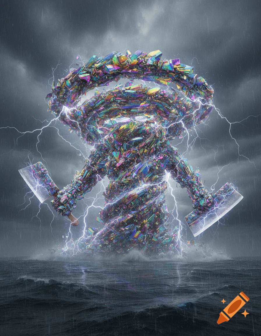 A towering maelstrom monster made of iridescent bismuth crystals and electricity, holding large cleavers, rises from a stormy ocean under a dark, rainy sky.