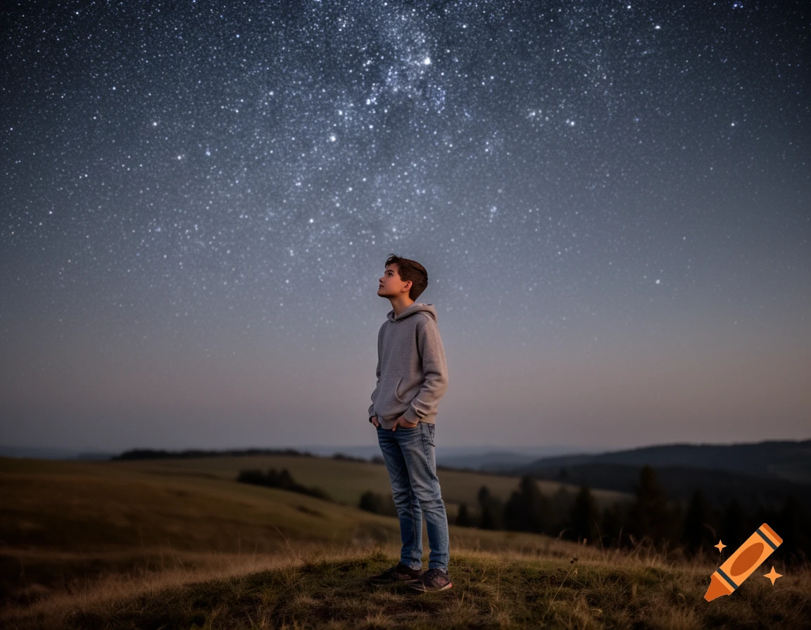 A young boy stands on a grassy hill, looking up at a vast, bright starry night sky.