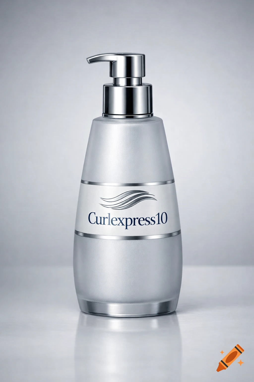 A silver-frosted bottle of "Curlexpress10" hair product with a metallic pump dispenser, standing on a reflective surface.