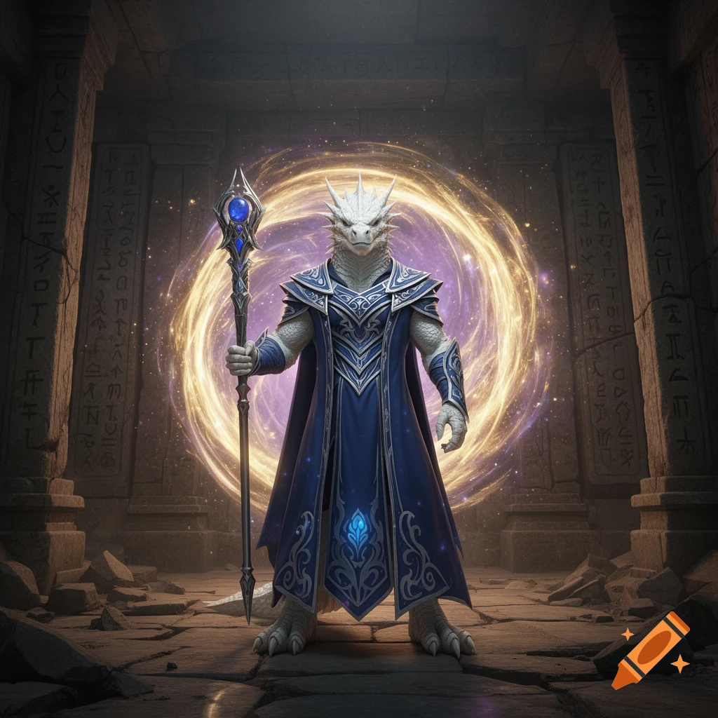 A white dragonborn wizard in blue and silver robes stands holding a ...