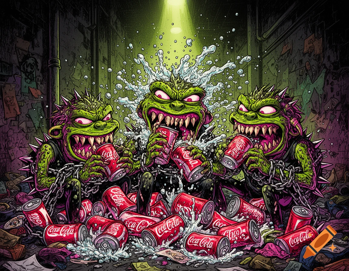 Three grotesque green monsters with spikes and chains aggressively chew Coca-Cola cans, spraying fizz, amidst a pile of crushed cans in a grungy alley, in a punk cartoon style.