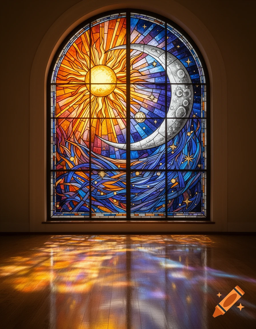 A vibrant stained glass window depicting a sun on the left and a moon on the right, with colorful light reflecting on a wooden floor.