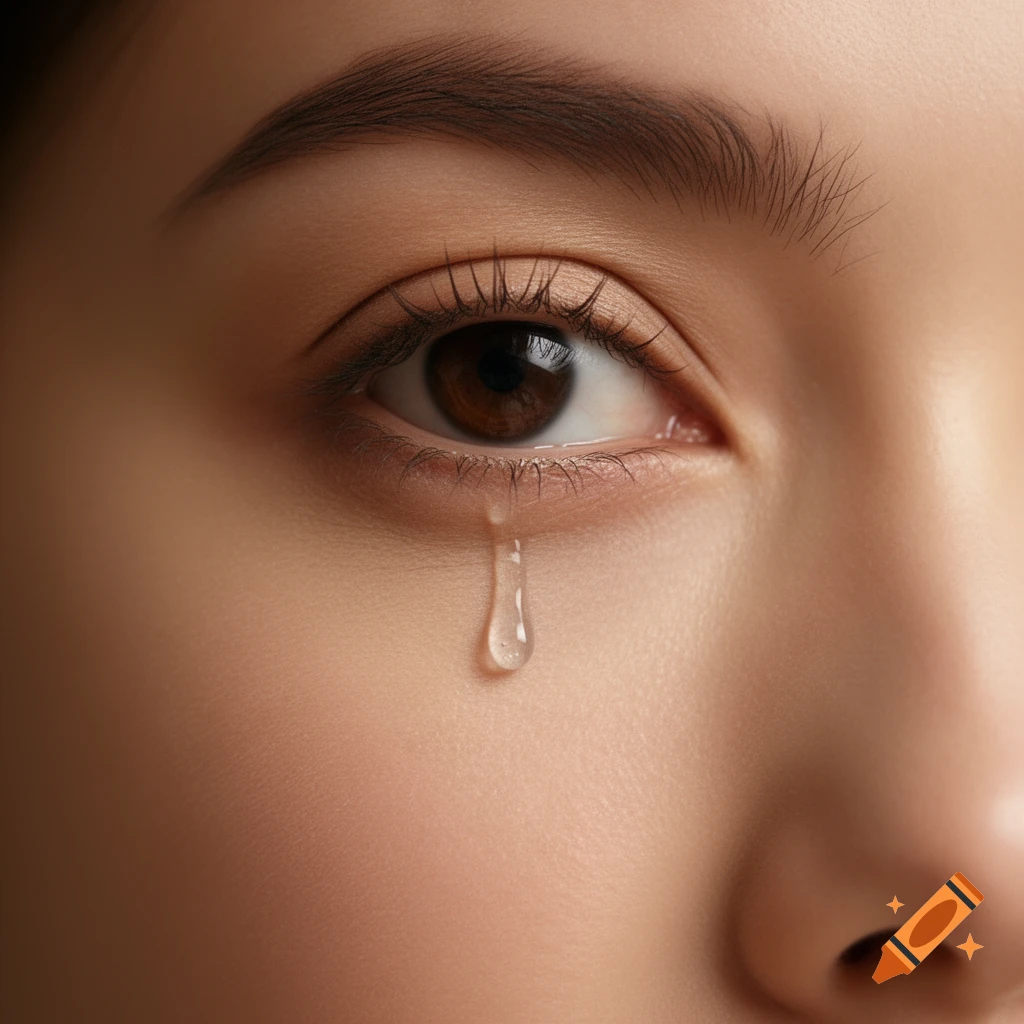 Photorealistic close-up of a human eye with a single tear rolling down the cheek.