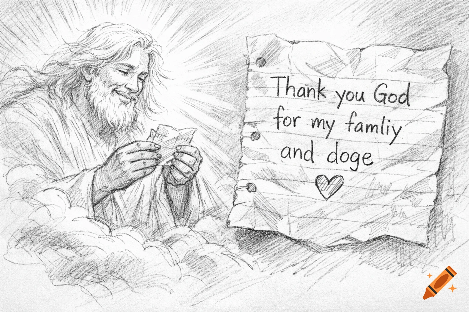 Pencil sketch of Jesus smiling as he reads a child's handwritten note that says 'Thank you God for my famliy and doge'.