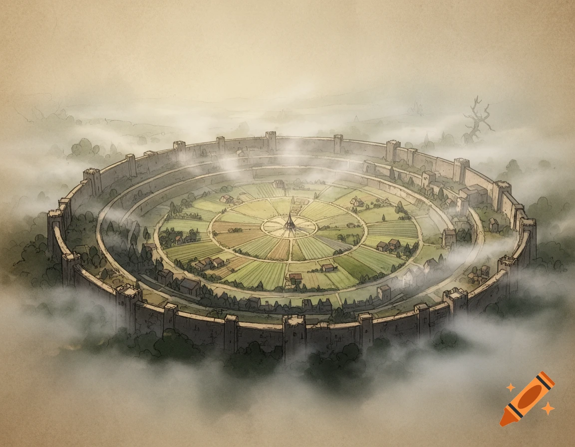 A hand-drawn aerial view of a circular medieval fantasy city with ...